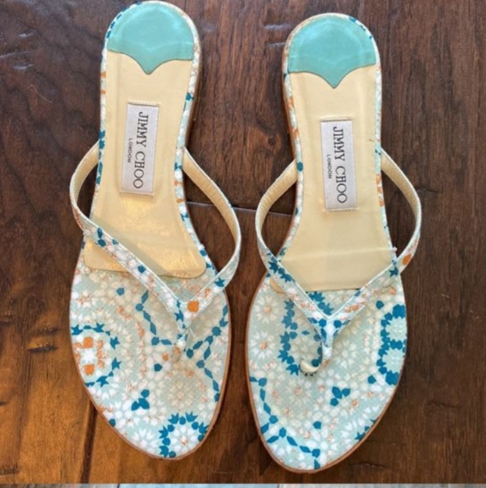 Jimmy Choo Thong Sandal Flats Size 38/8 Blue Cream Designer Floral Resort